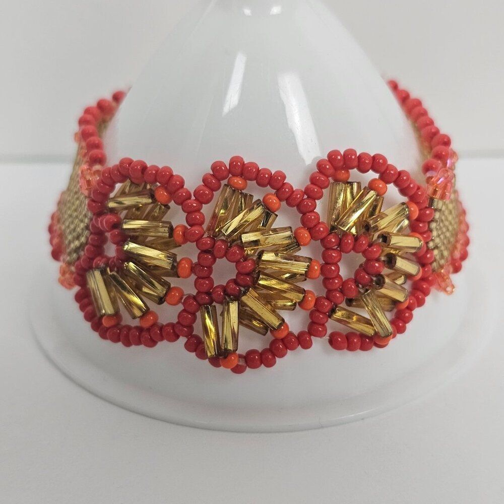Gold Red Orange Beaded Bracelet Sterling Silver Vermeil Pearl Clasp Handmade